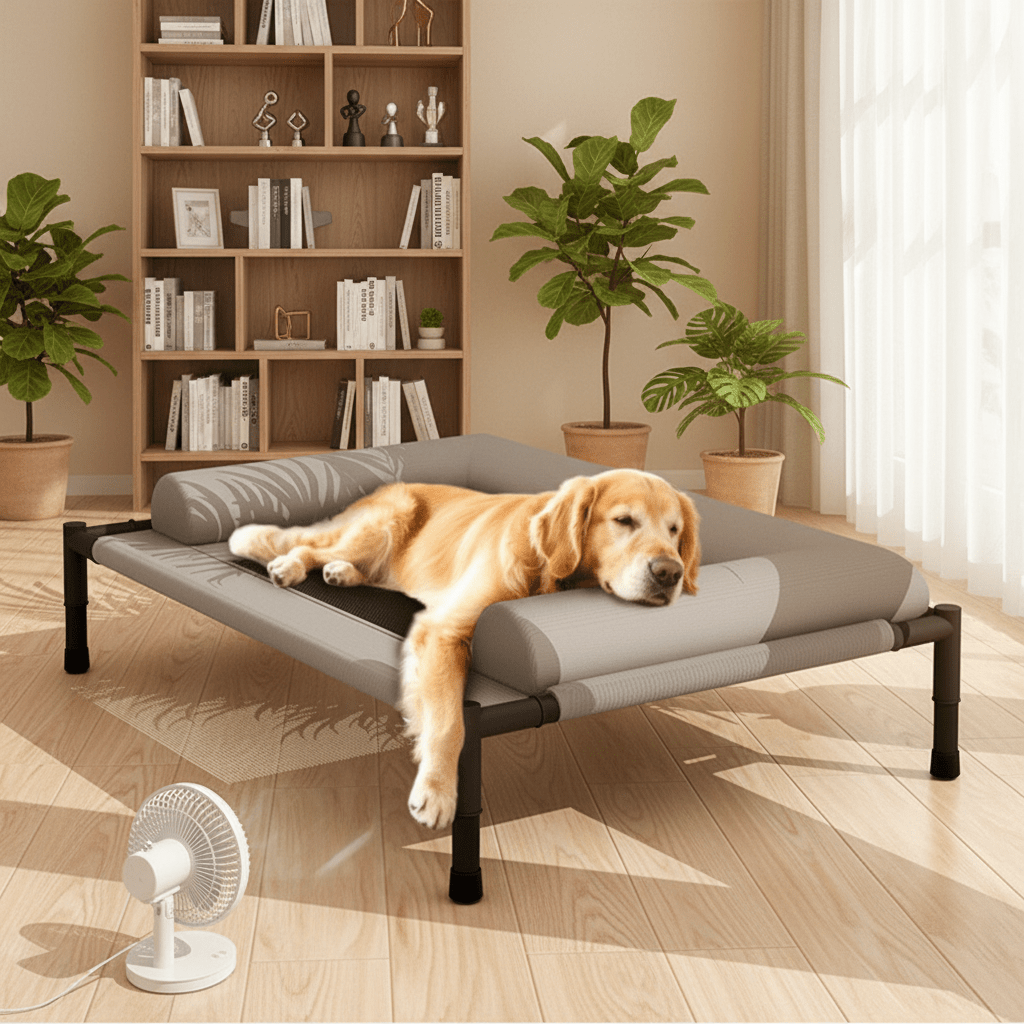 toutou détendu dans lit surélevé pour grand chien dans salon