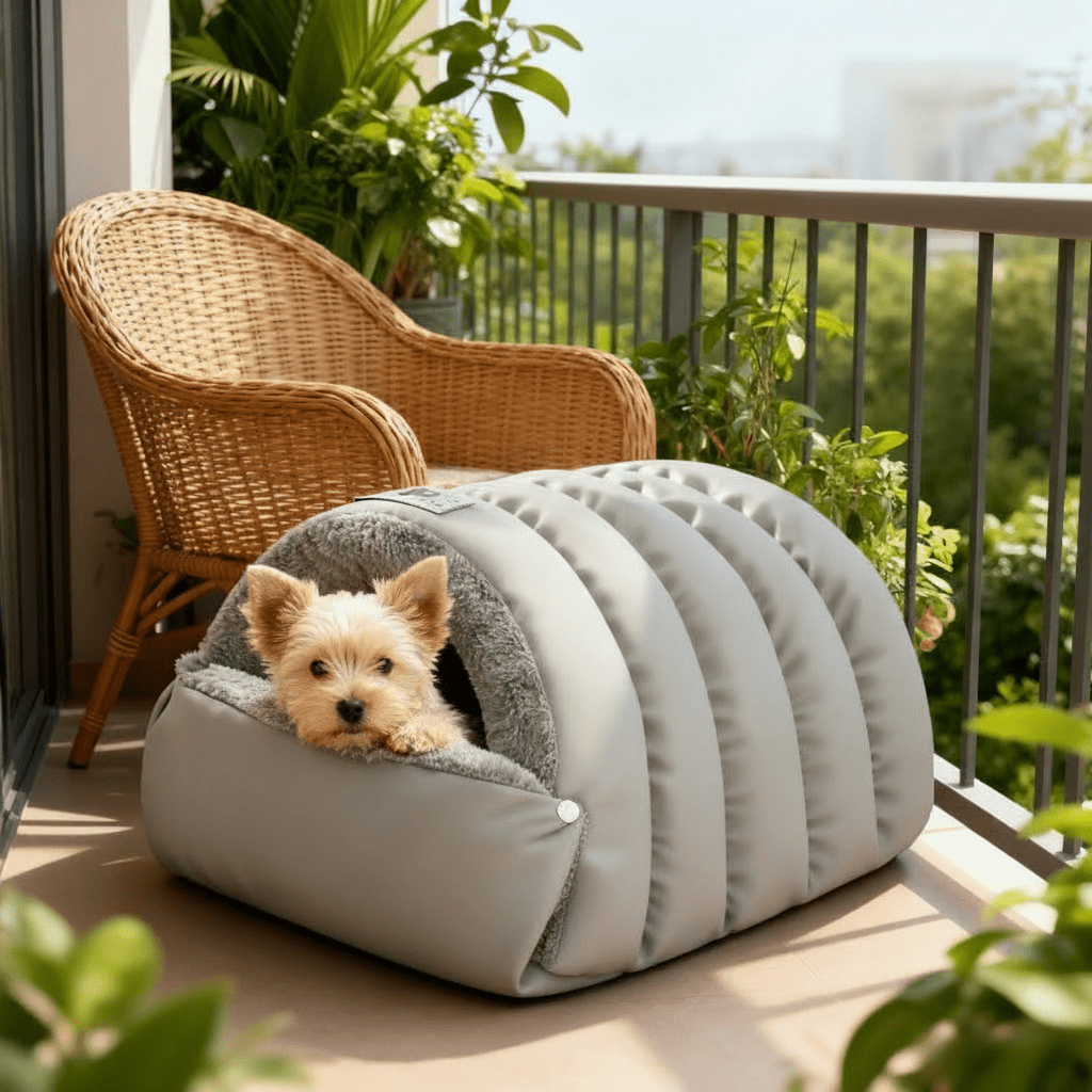 toutou dans  igloo pour chien dans la terrasse