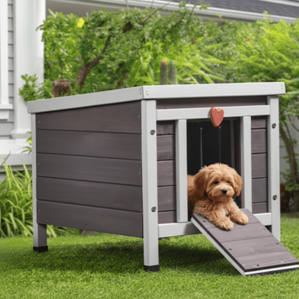 toutou dans cabane pour chien extérieure en bois de cèdre