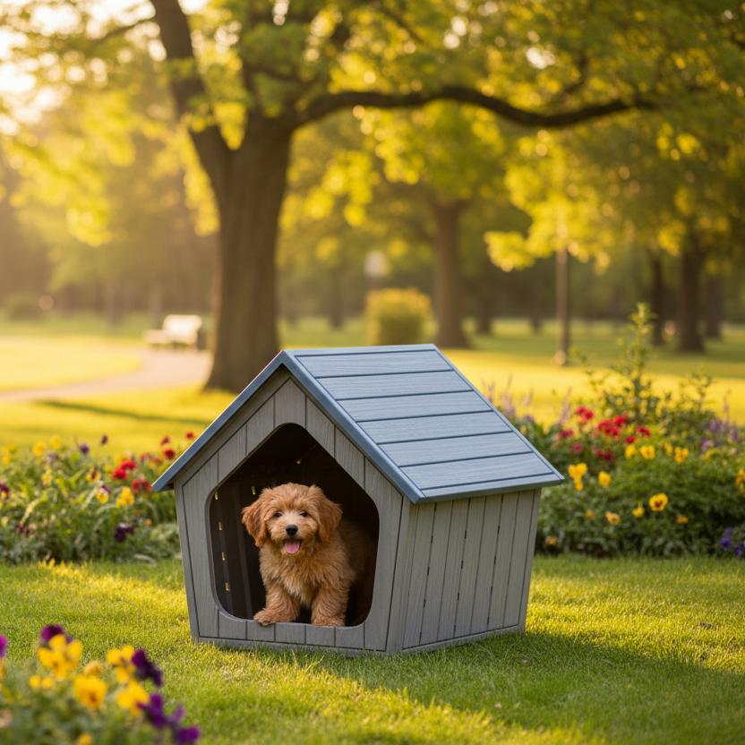 toutou dans cabane pour chien dans le parc