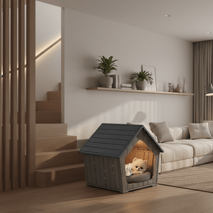 toutou dans cabane pour chien dans salon