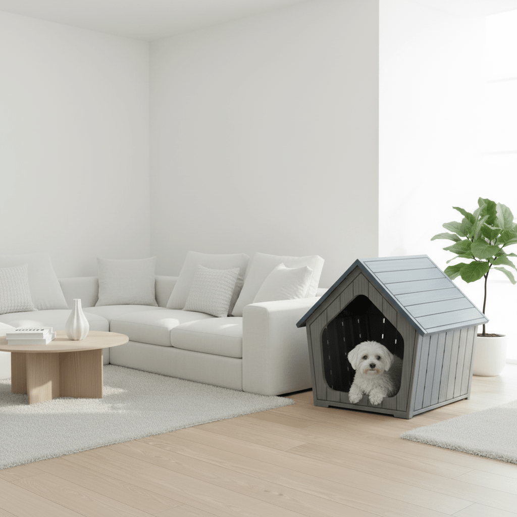toutou dans cabane pour chien dans salon moderne élégant