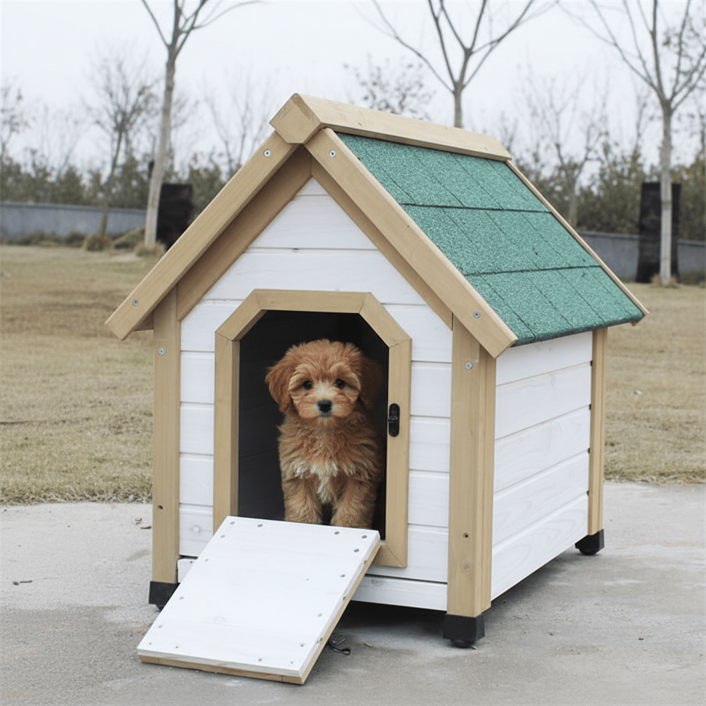 toutou dans cabane pour chien en bois