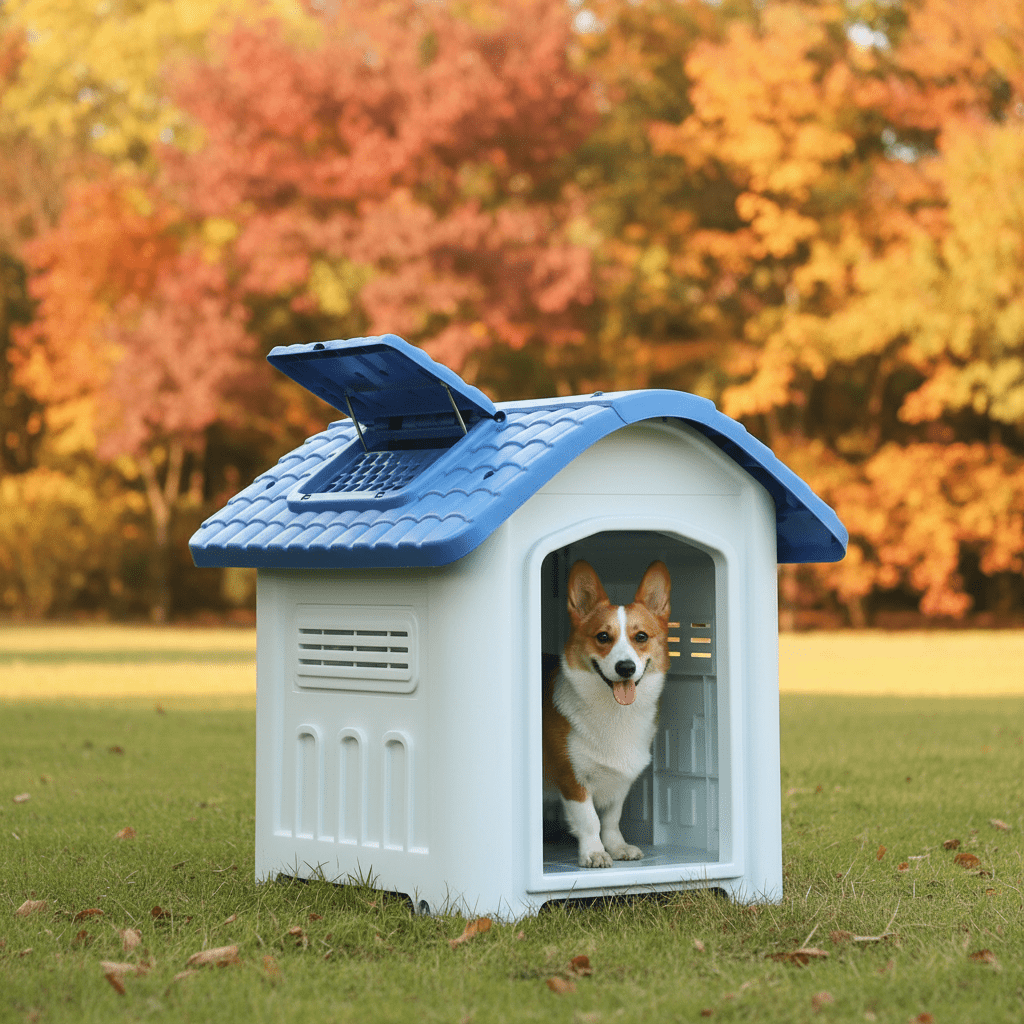 toutou dans cabane pour chien extérieur dans parc