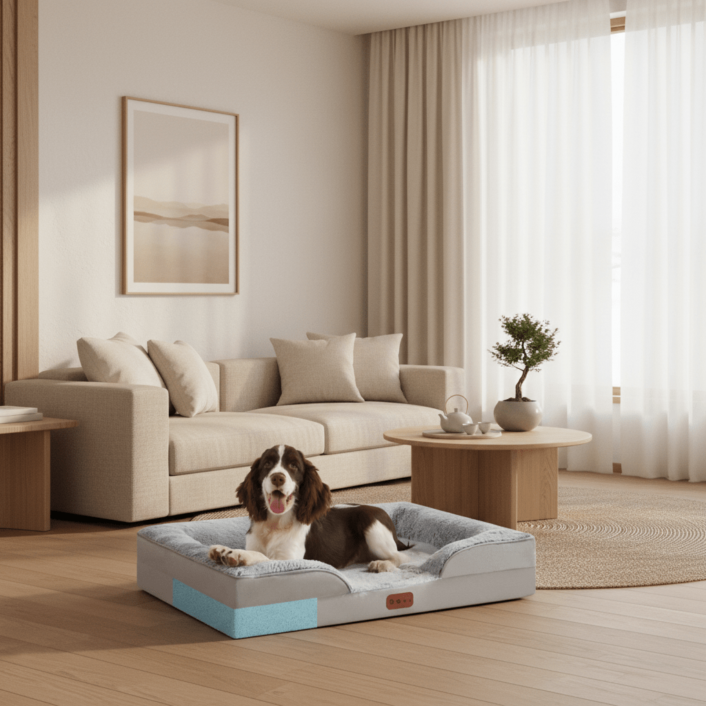 toutou dans canapé orthopédique chien dans salon