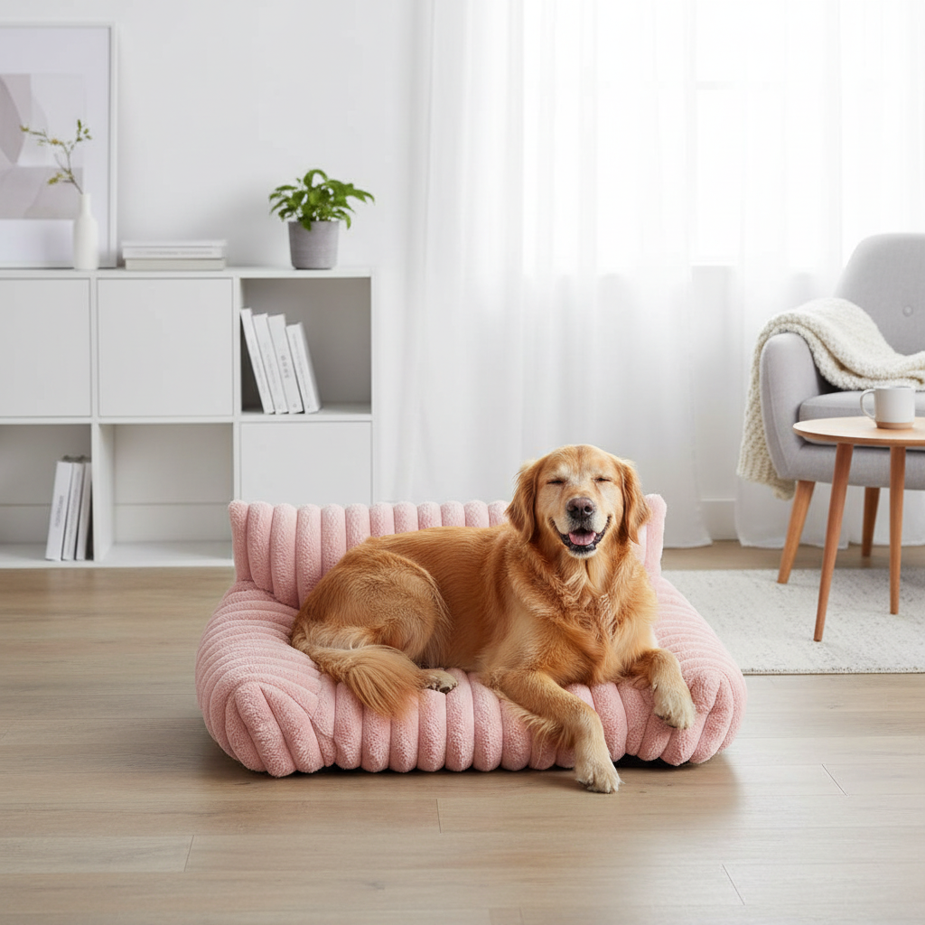 toutou dans canapé pour chien en peluche couleur rose 