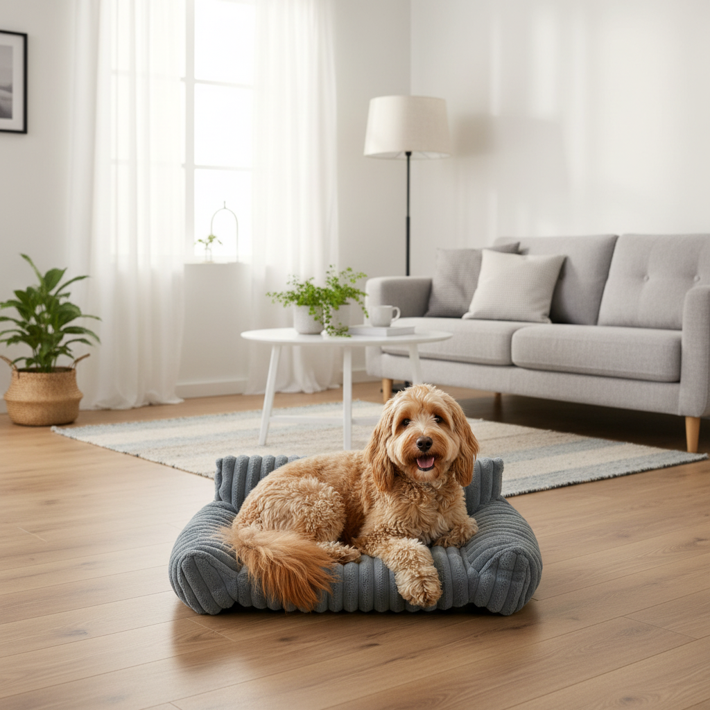 toutou dans canapé pour chien en peluche gris 