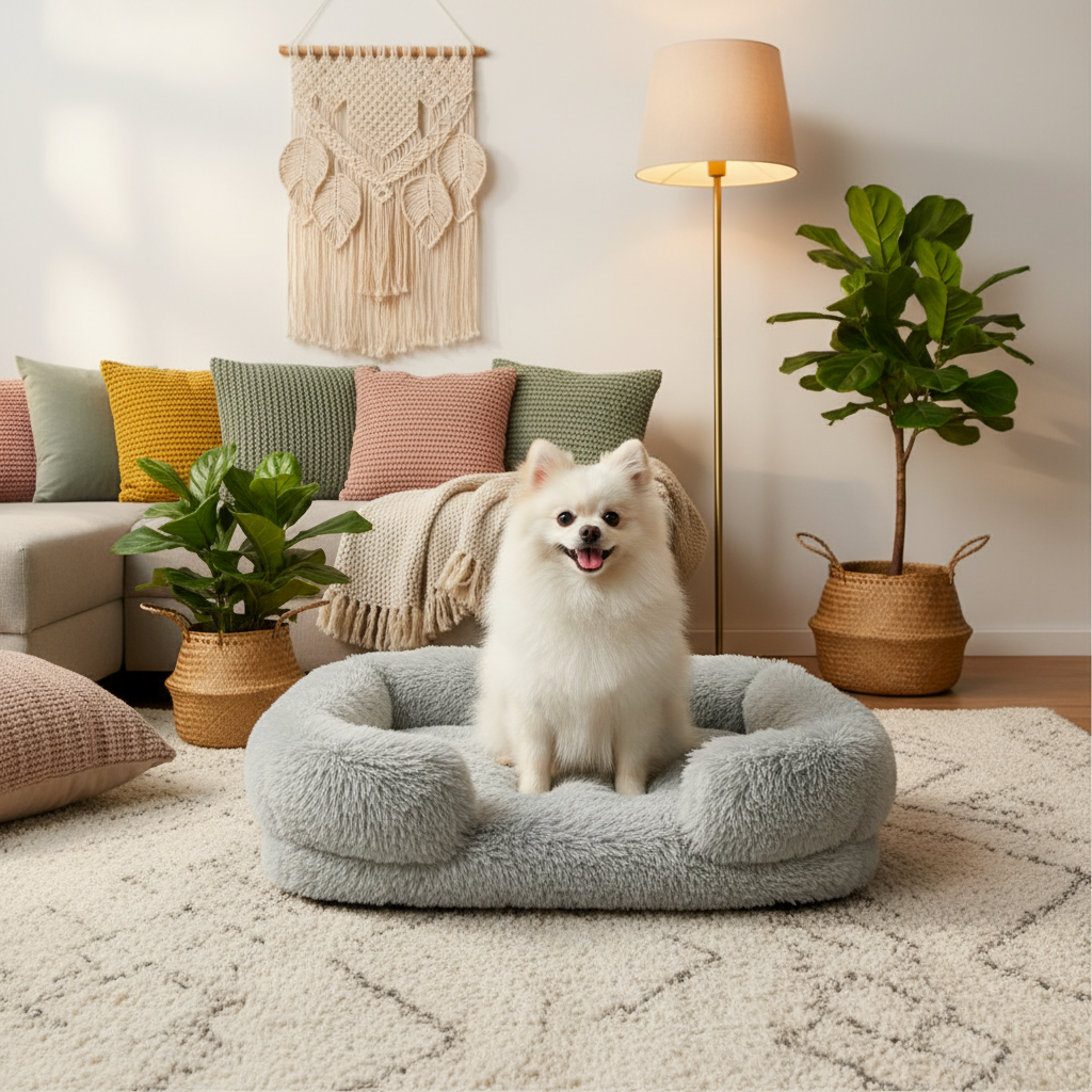 toutou dans canape pour chien en peluche gris