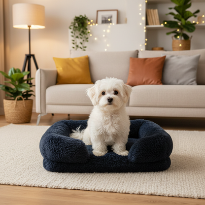 toutou dans canape pour chien en peluche gris fonce