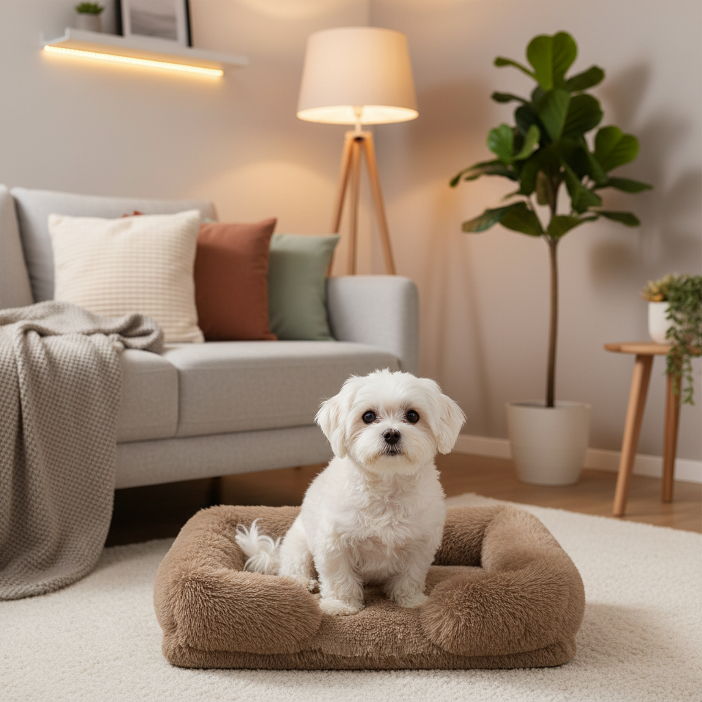 toutou dans canape pour chien en peluche marron