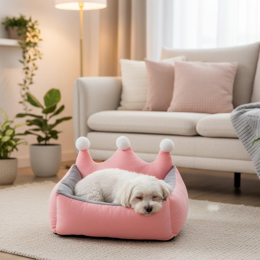 toutou dans canape pour chien forme de trône rose