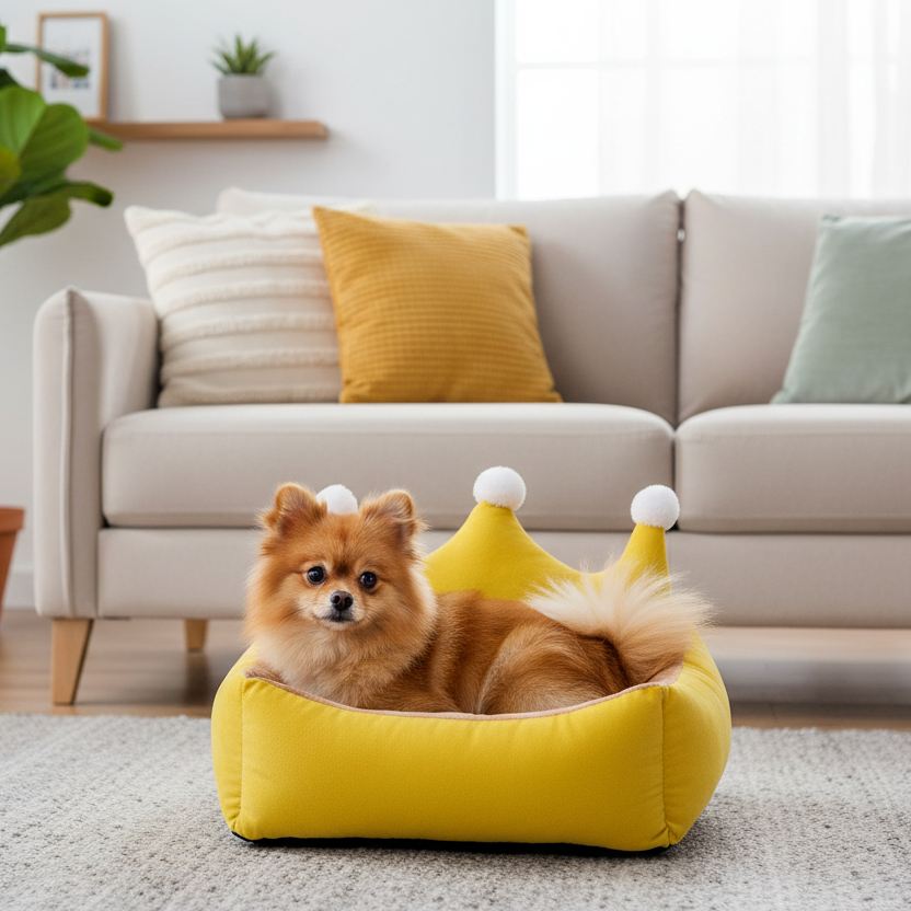 toutou dans canape pour chien rebord surélevé jaune