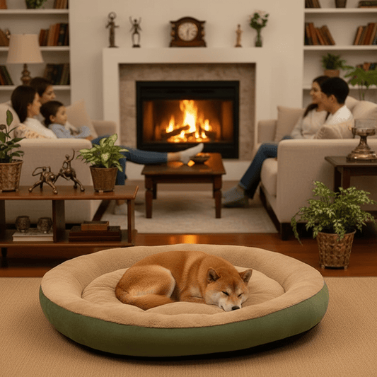 toutou dans coussin orthopédique pour chien entoure par la famille