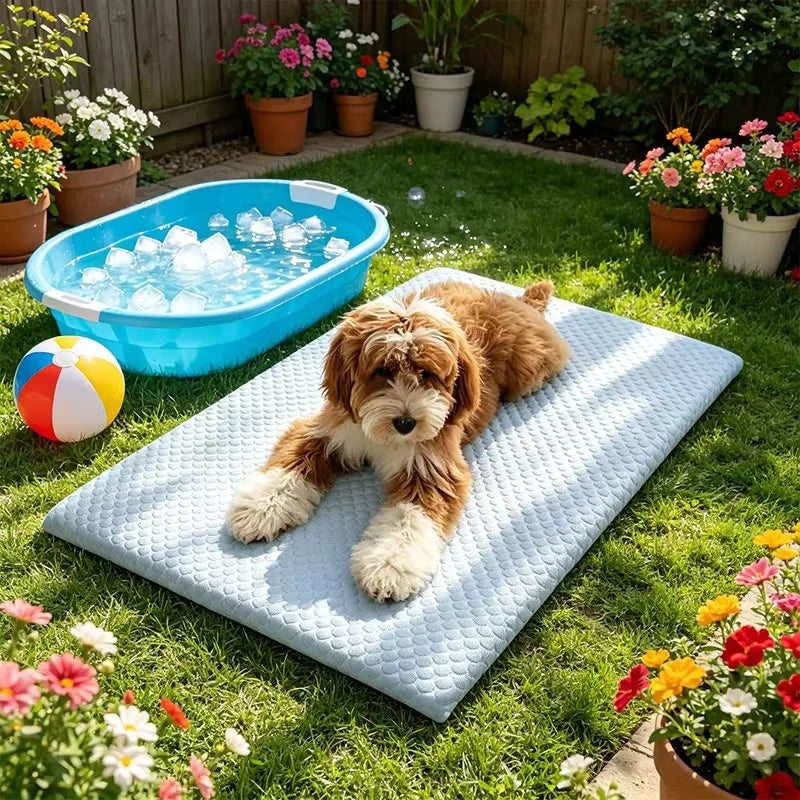 toutou dans le jardin sur tapis rafraichissant chien grand taille