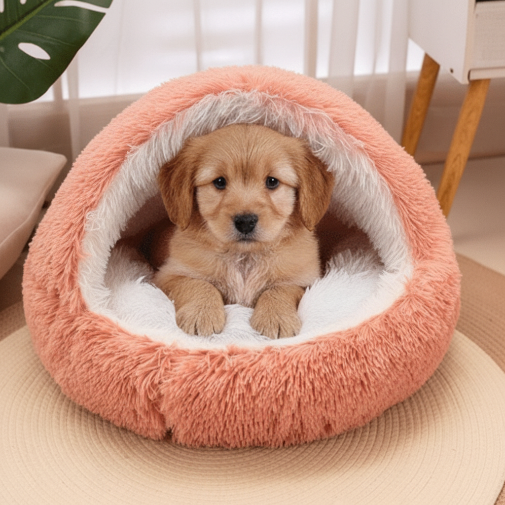 toutou dans le panier igloo pour chien doux