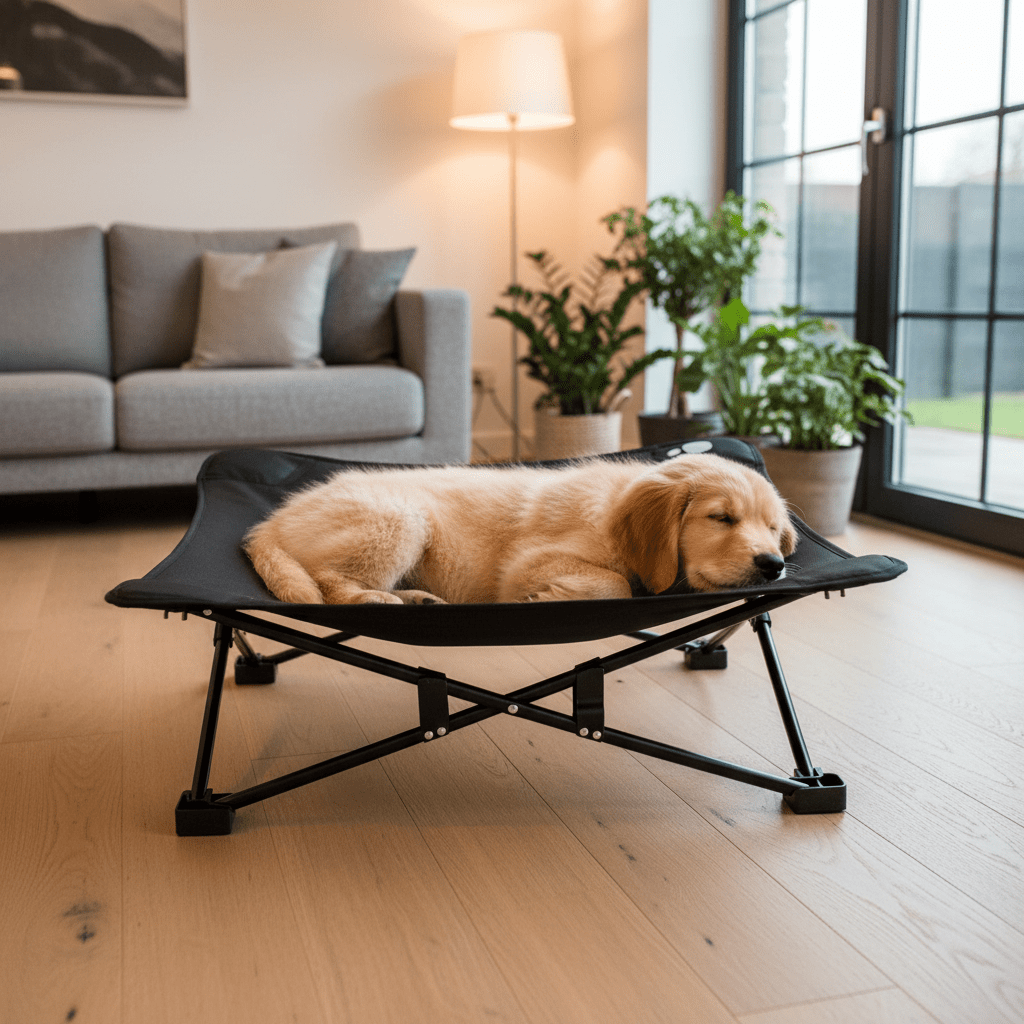 toutou dans lit de camp chien dans salon moderne
