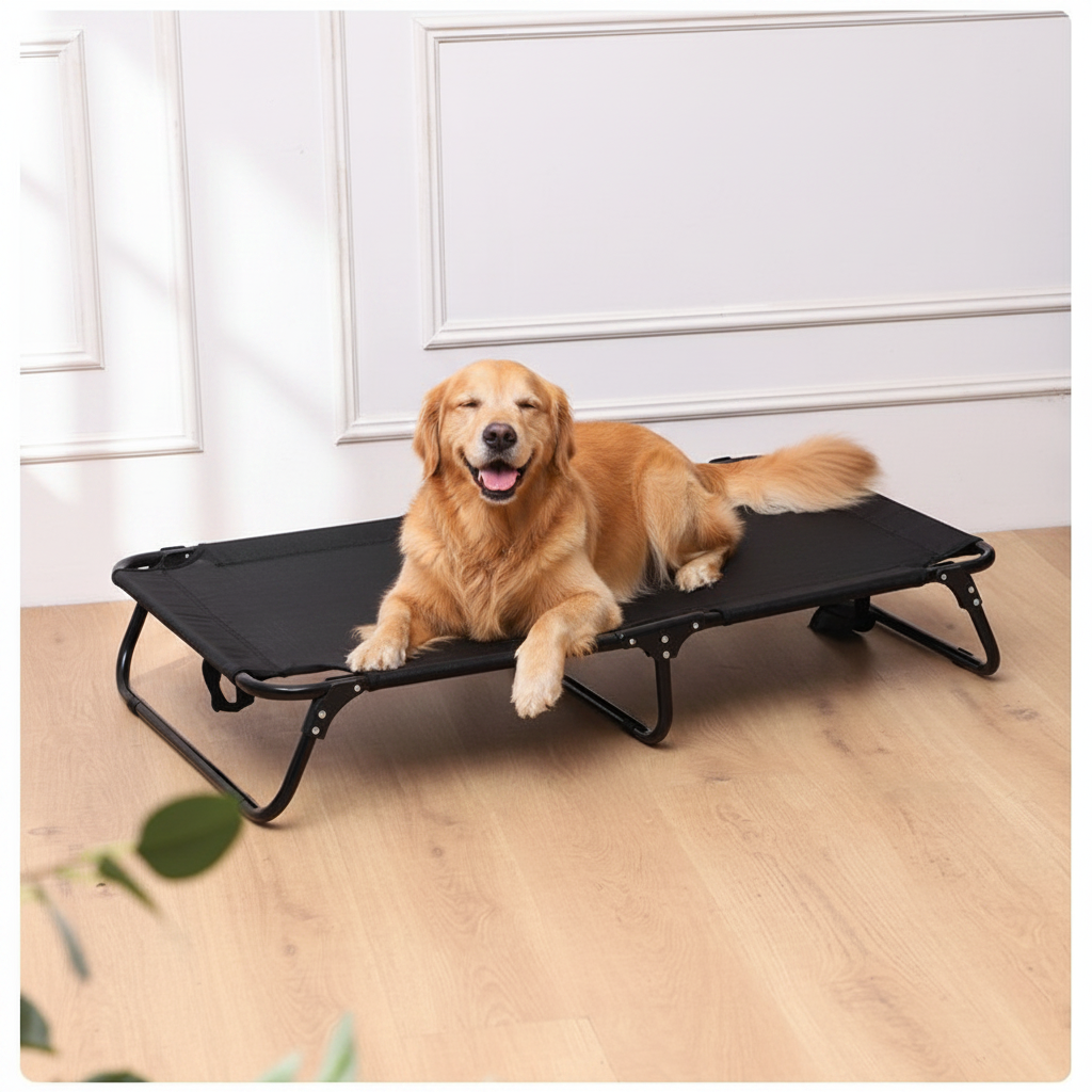 toutou dans lit de camp pliable pour chien