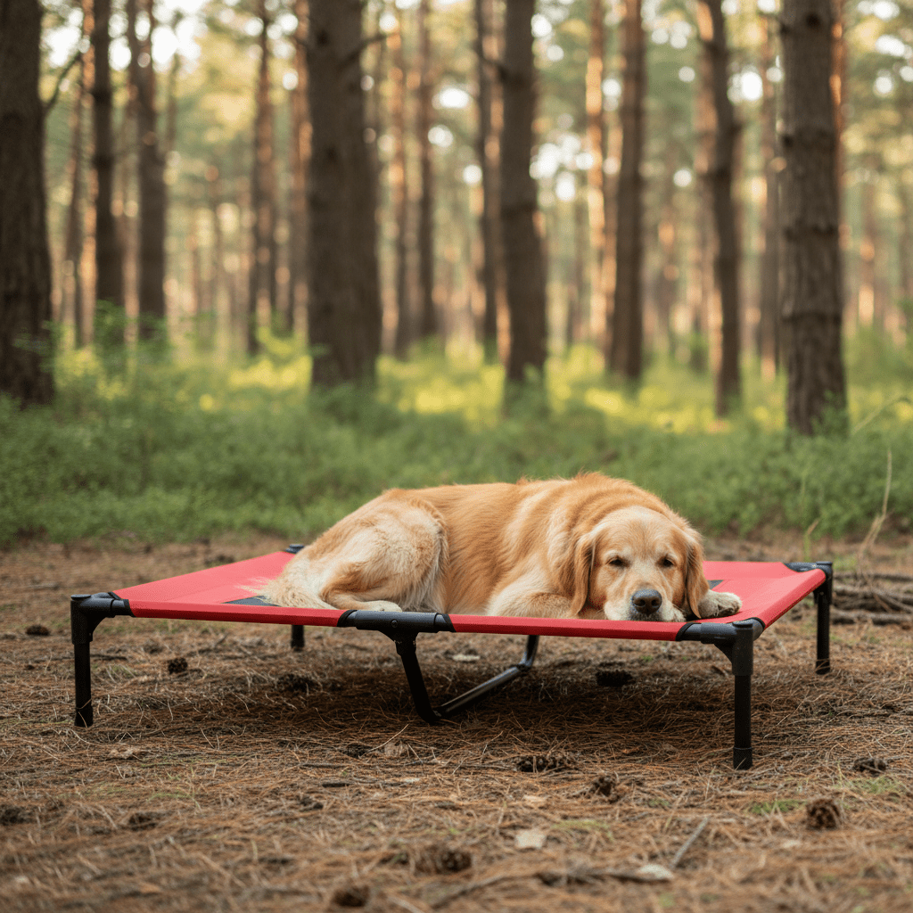 toutou dans lit de camp pour chien dans le camping