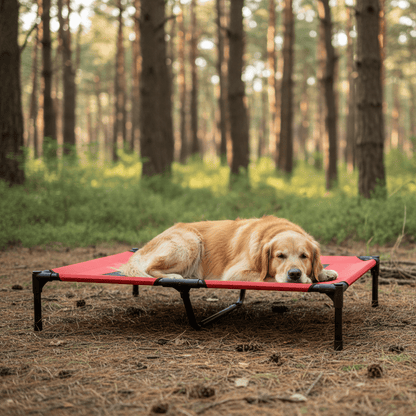 toutou dans lit de camp pour chien dans le camping
