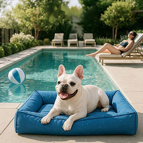  toutou dans lit pour chien au bord d'une  piscine