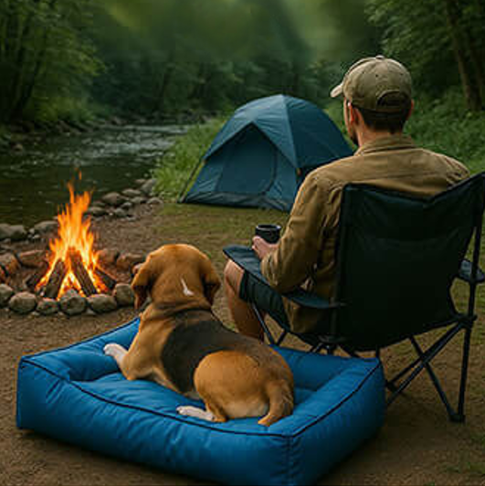 toutou dans lit pour chien au camping