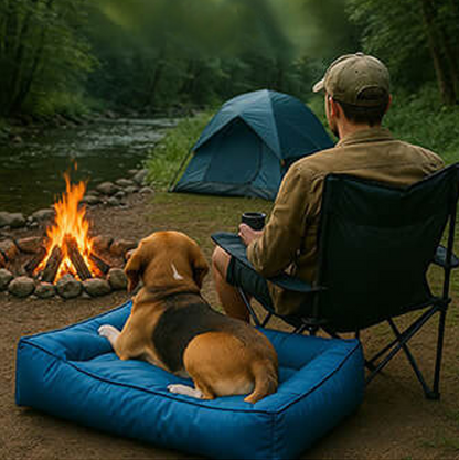 toutou dans lit pour chien au camping
