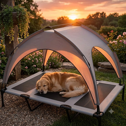 toutou dans lit surélevé pour chien avec toit par soleil