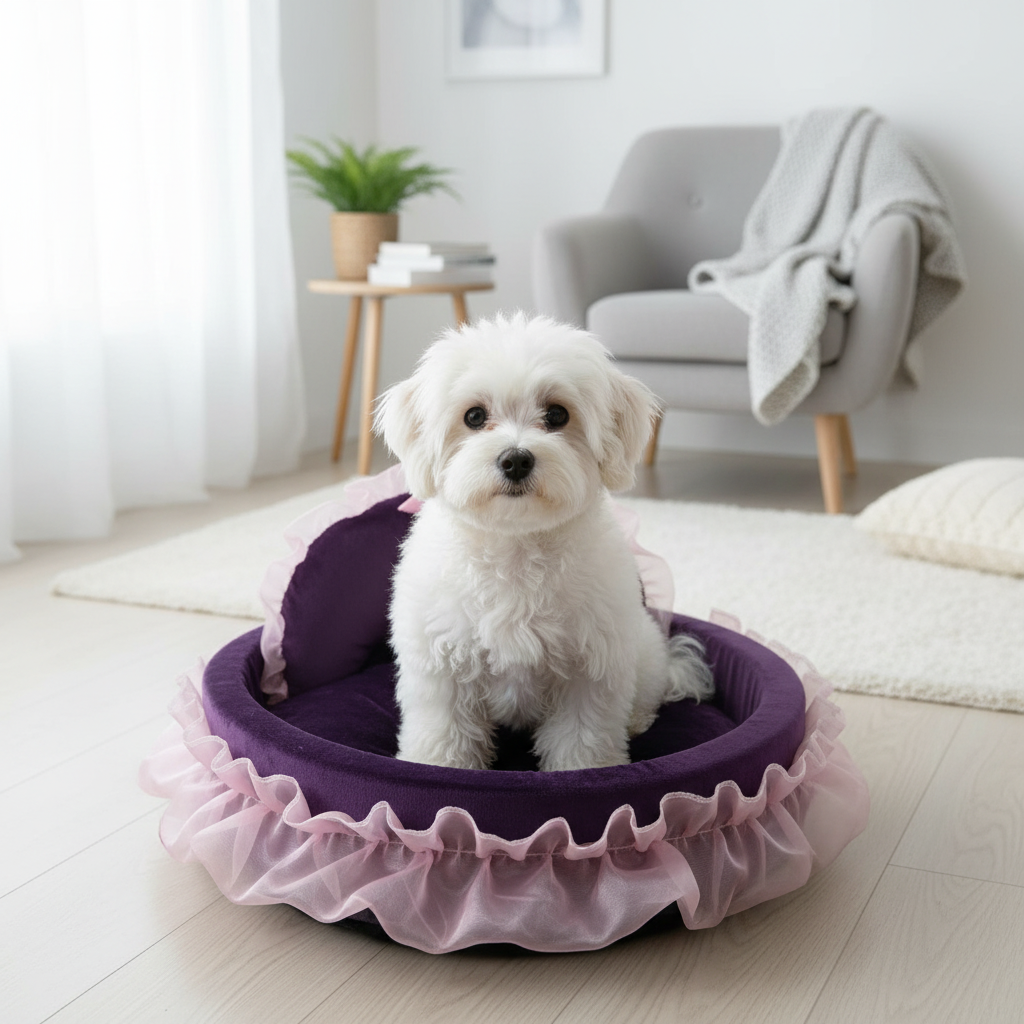 toutou dans lit et pour chien dans salon moderne