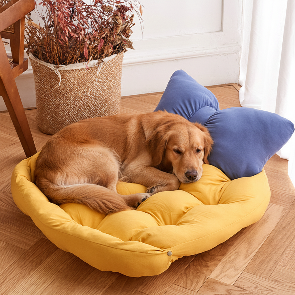 toutou dans matelas pour chien jaune