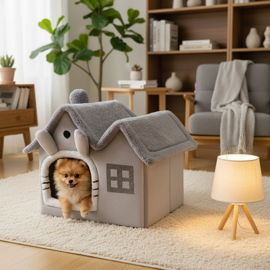 toutou dans niche chien double toit dans salon