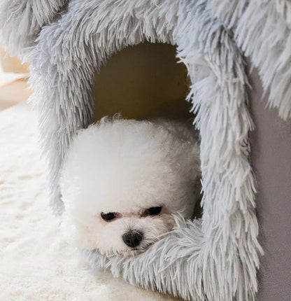 toutou  dans niche chien en fourrure chaud