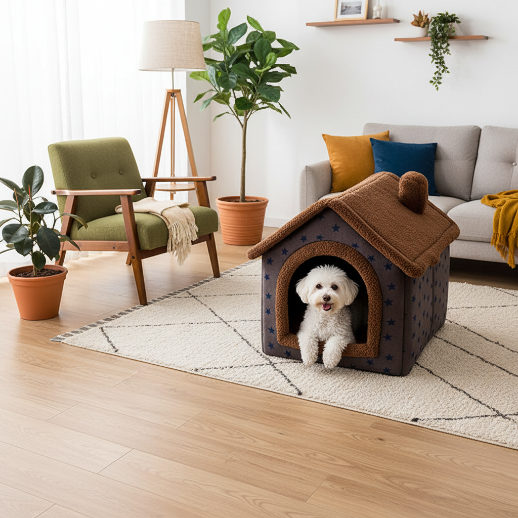 toutou dans niche chien en peluche dans salon