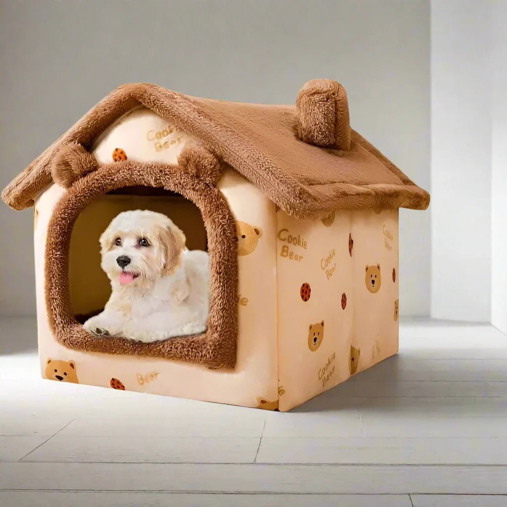 toutou  dans niche chien marron ours