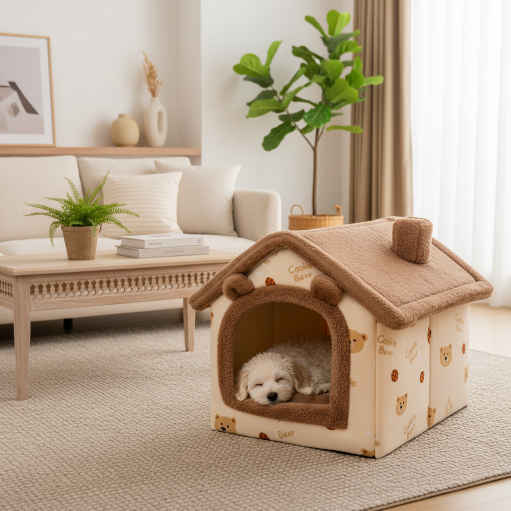 toutou dans niche de chien en peluche