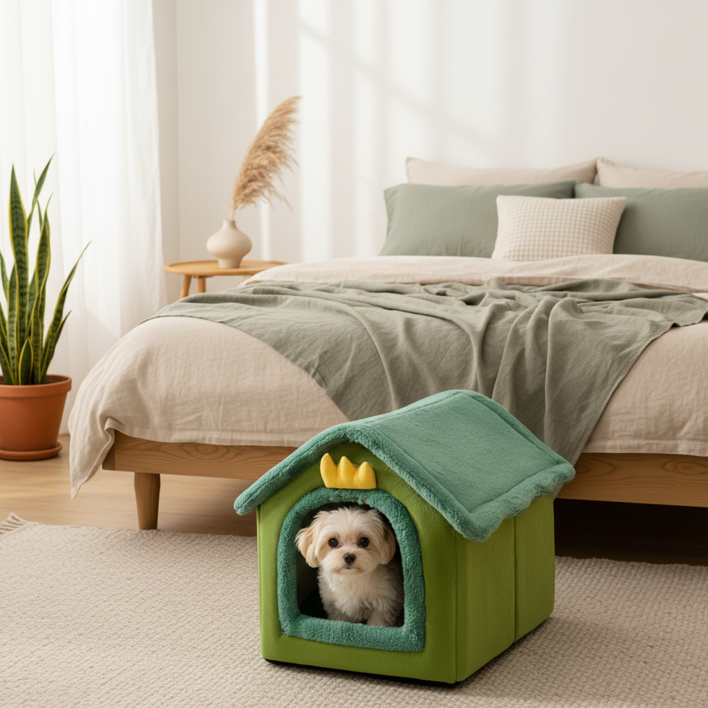 toutou dans niche pour chien dans la chambre
