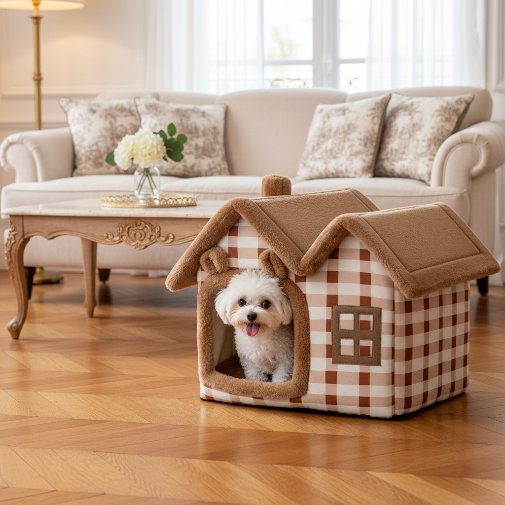 toutou dans niche pour chien double toiture dans salon moderne