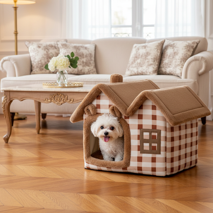 toutou dans niche pour chien double toiture dans salon moderne