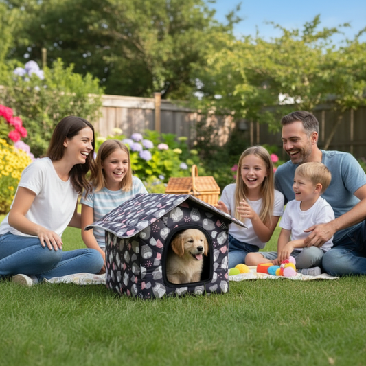 toutou dans niche  pour  extérieur chien entoure par la famille 