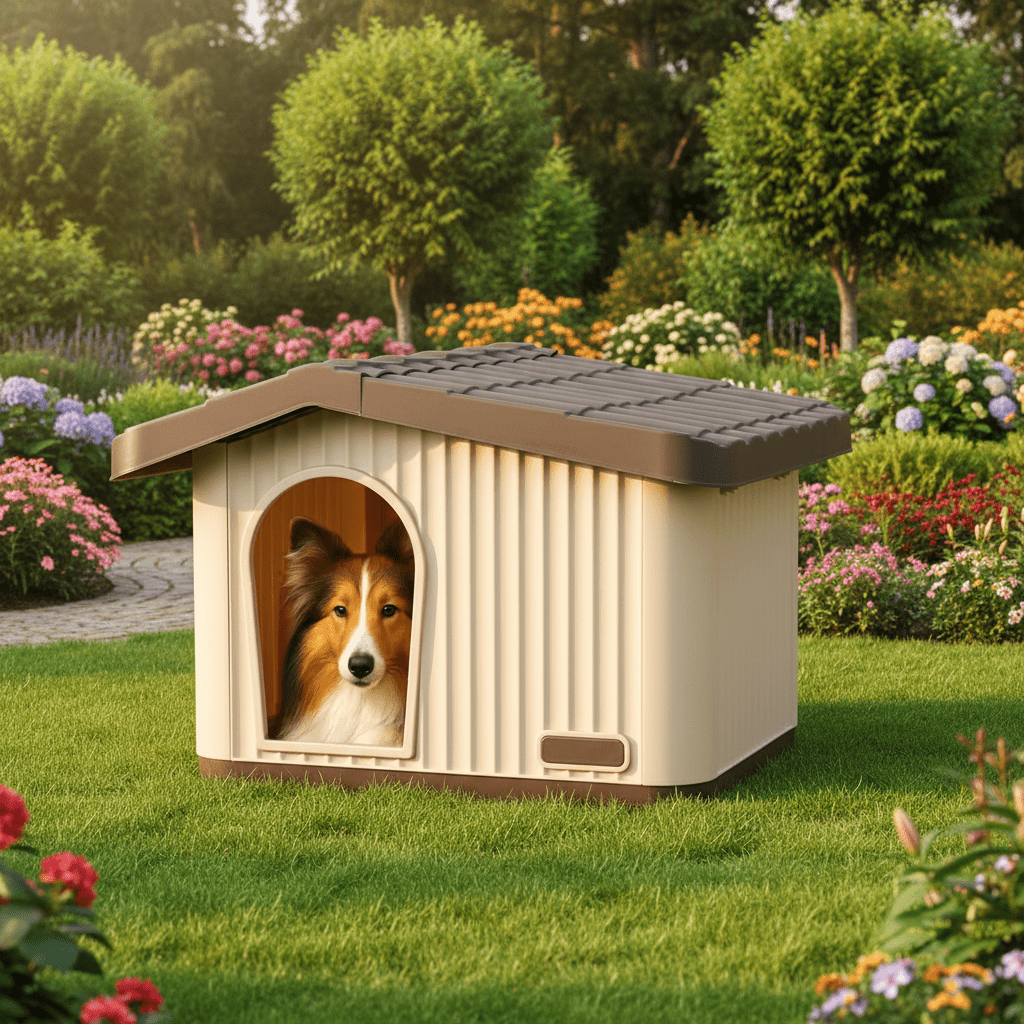 toutou dans niche toit plat pour chien en plastique robuste