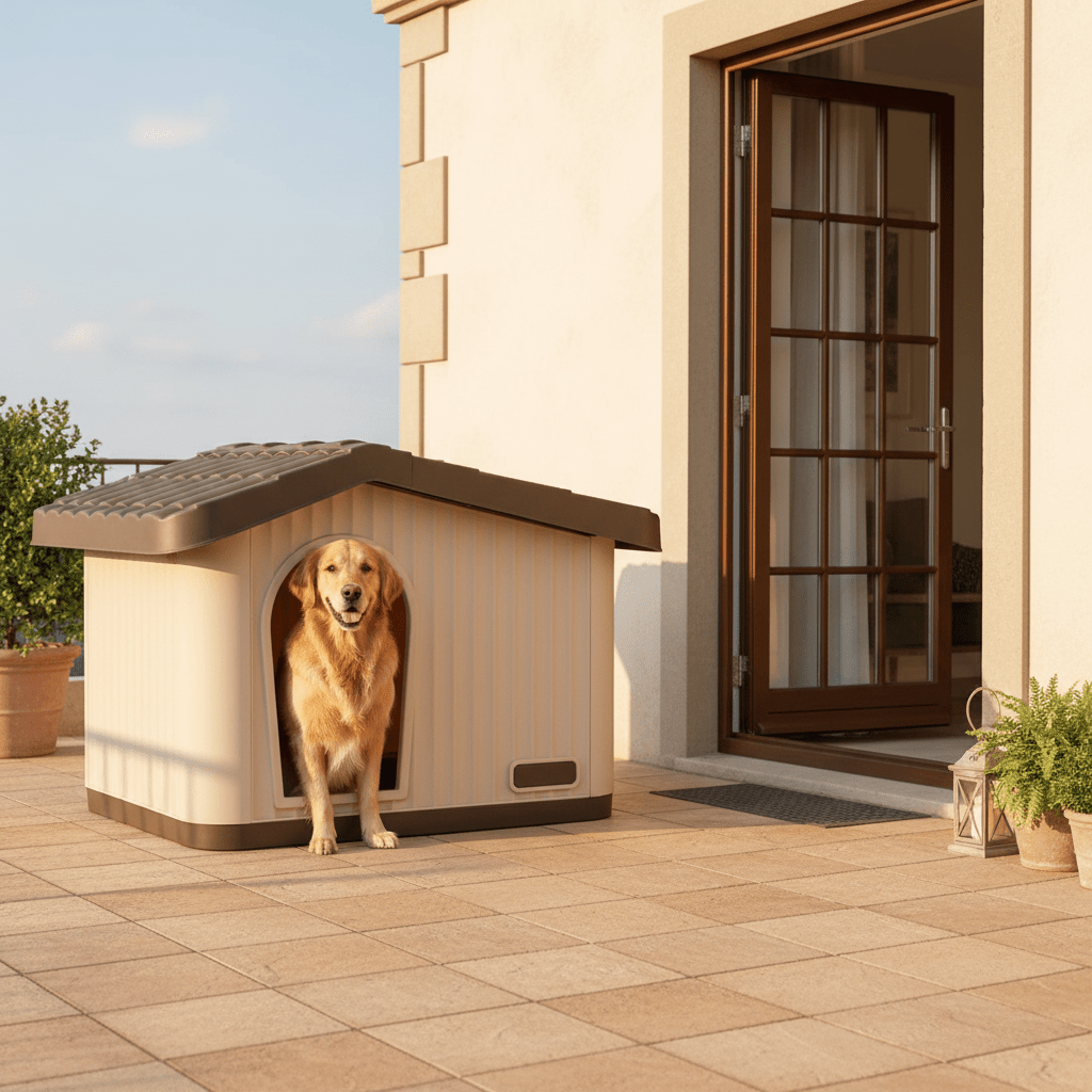 toutou dans niche toit plat pour chien sur la terrasse