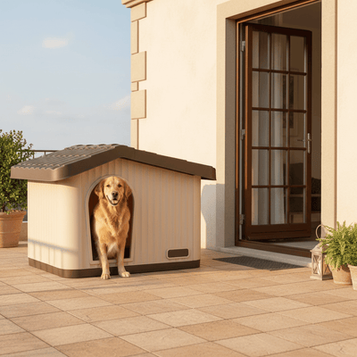 toutou dans niche toit plat pour chien sur la terrasse