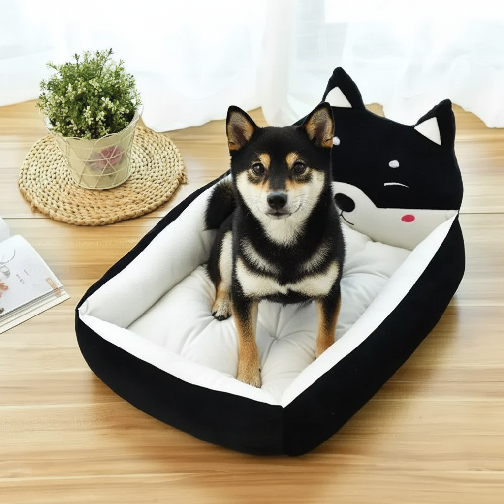 toutou dans panier chien forme tête de chat 