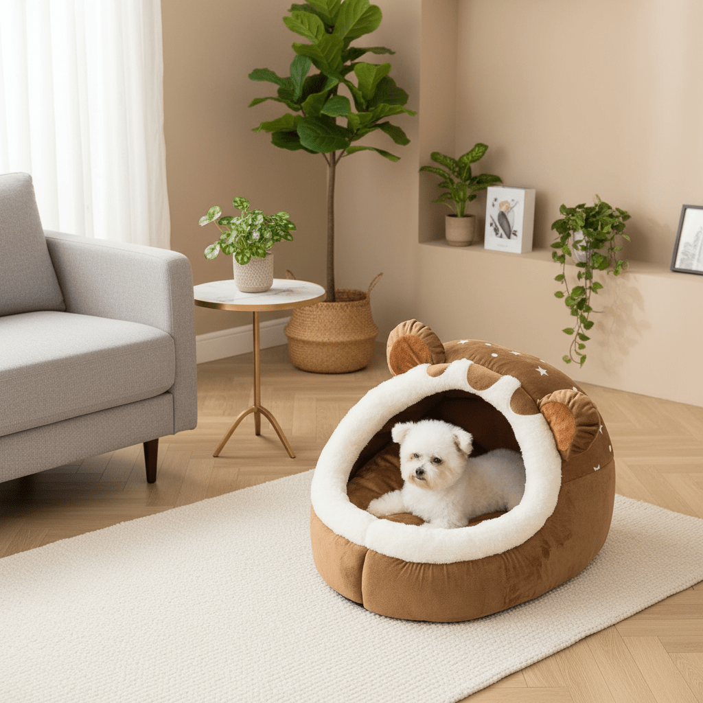 toutou assis dans panier igloo pour chien en peluche   