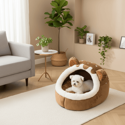 toutou assis dans panier igloo pour chien en peluche   