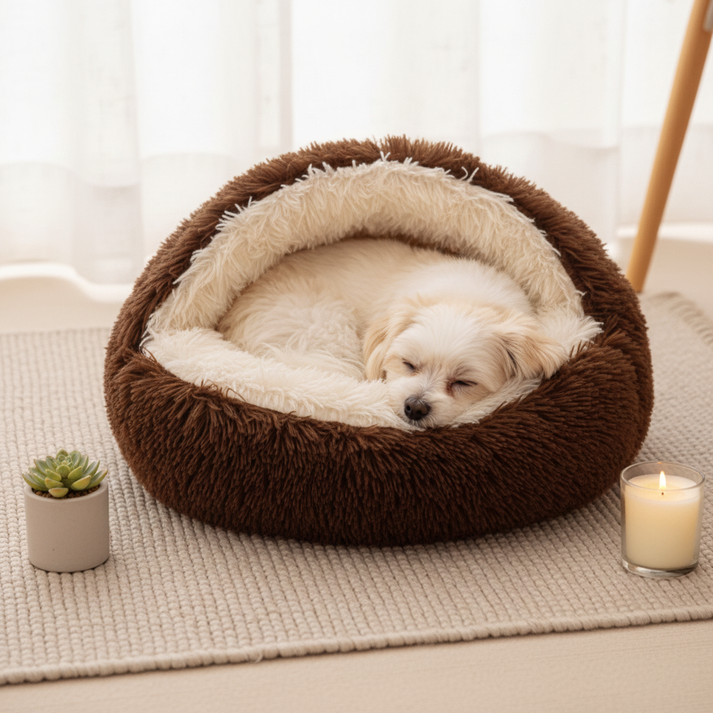 toutou dans panier igloo pour chien doux marron