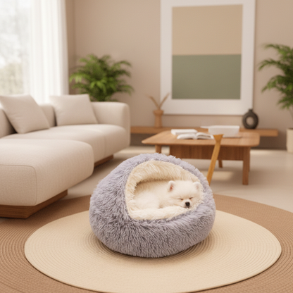 toutou dans panier igloo pour chien en fourrure