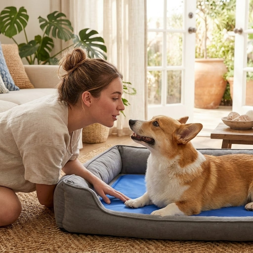 toutou dans panier sur tapis rafraichissant chien 