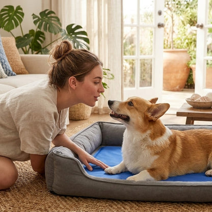 toutou dans panier sur tapis rafraichissant chien 