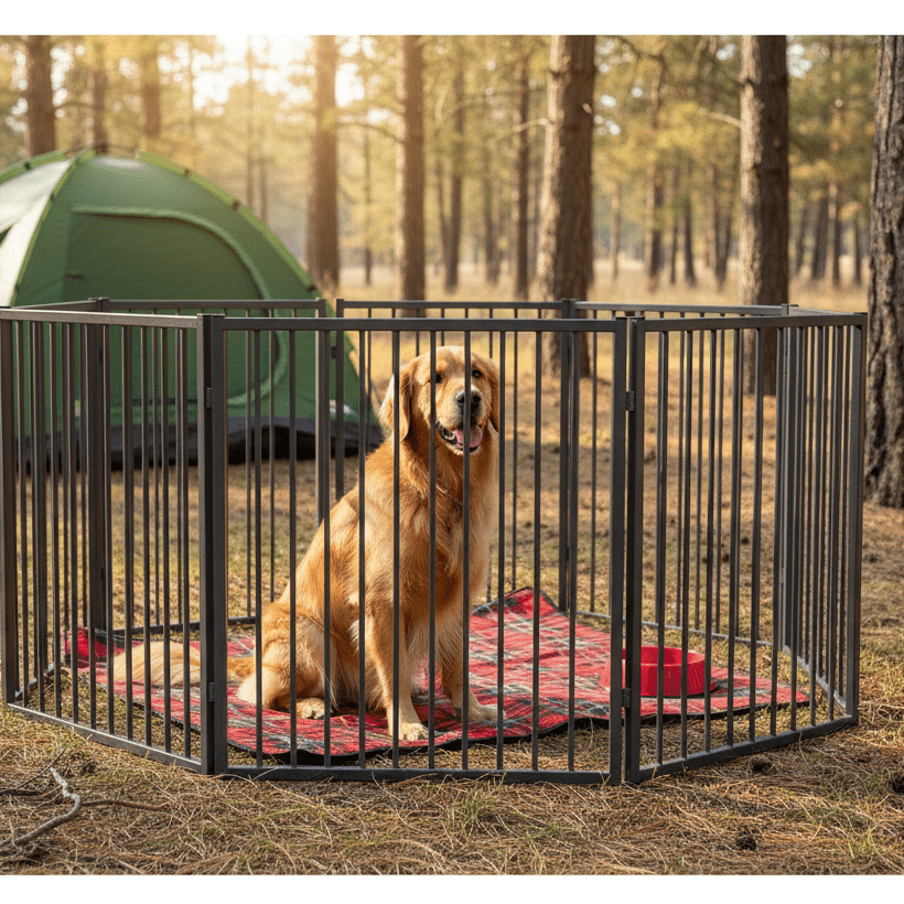 toutou dans parc pour chien pliable aux camping