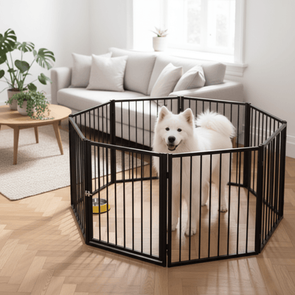 toutou dans parc pour chien pliable dans salon